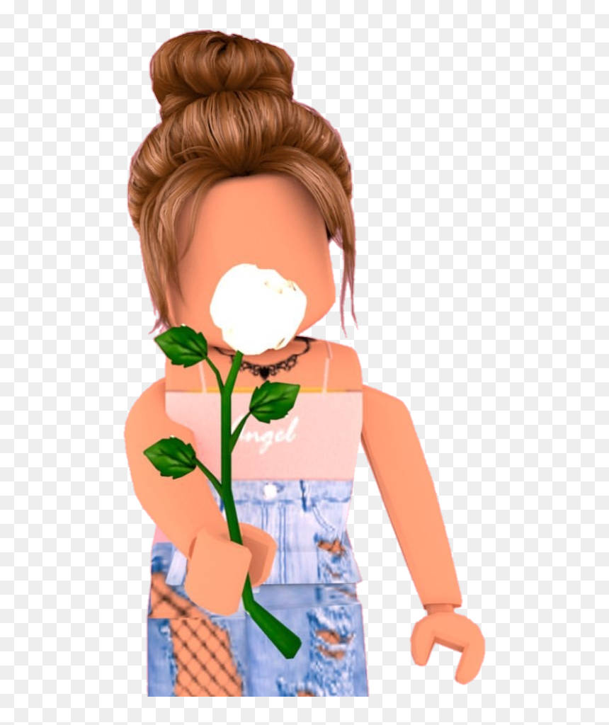美學 Roblox 女孩 桌布 壁紙 — 一個 Roblox 頭像，棕色頭髮盤成髮髻，手持白玫瑰，身穿粉紅色上衣和破洞牛仔褲。