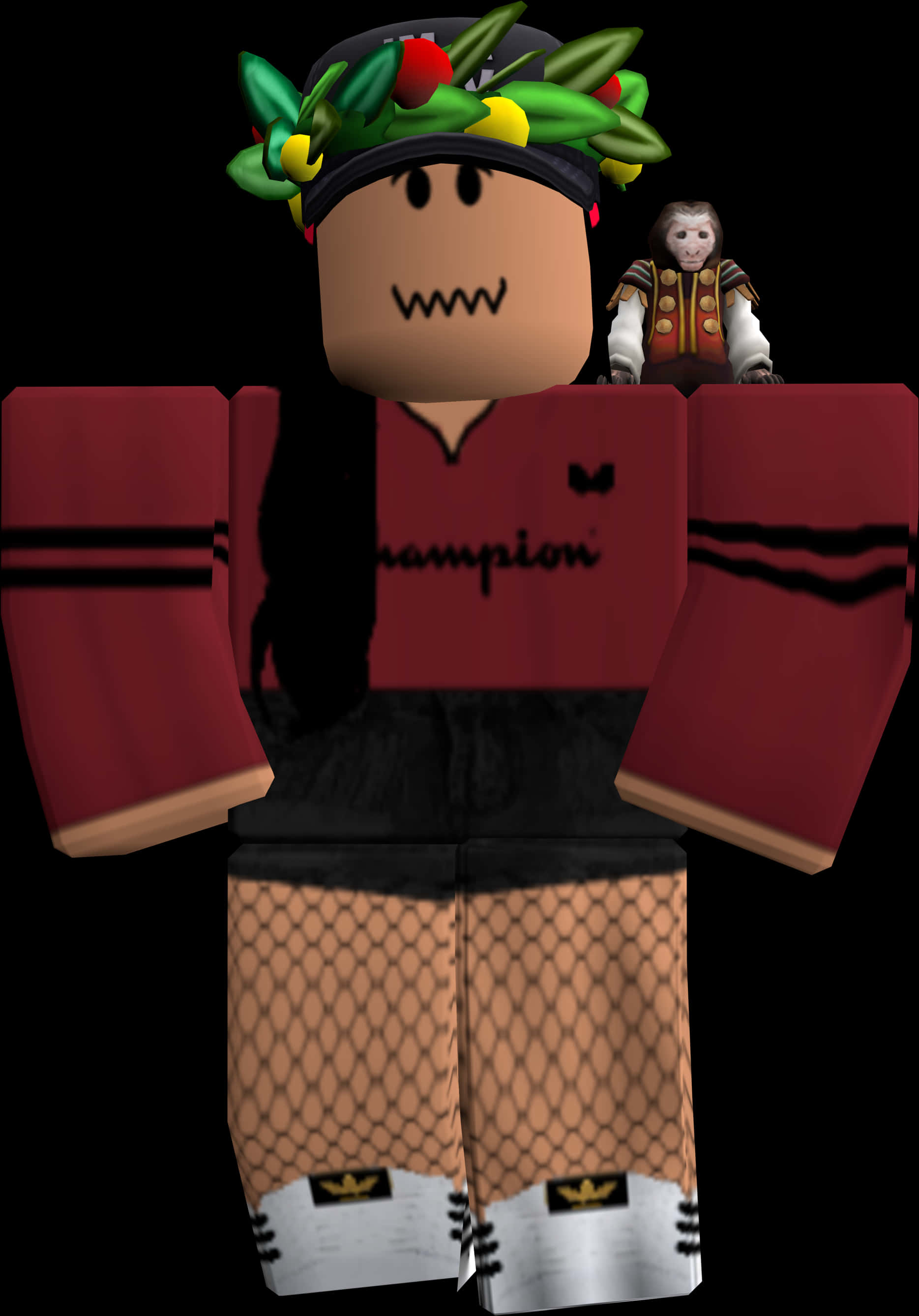 Roblox 桌布 壁紙 — 一個 Roblox 頭像穿著紅色 Champion 衛衣、魚網短褲和一個葉冠，肩上有一隻小猴子公仔。