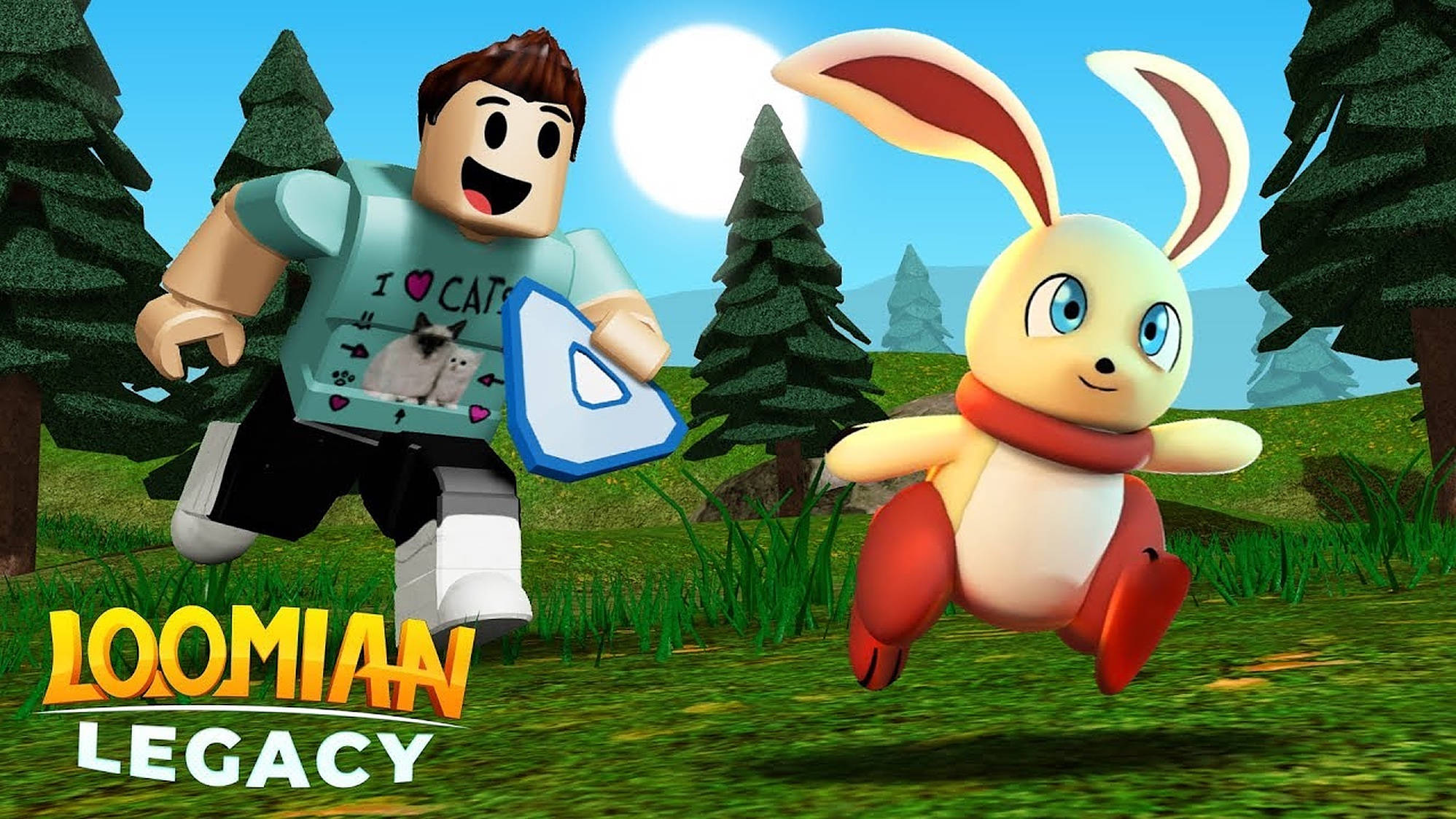 洛米安傳奇 桌布 壁紙 — 一個 Roblox 風格的角色和一隻卡通兔在明亮的陽光下歡快地跳過森林。