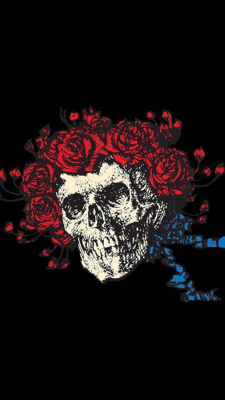 dead 桌布 壁紙 — 一個 stark 白色頭骨，冠以鮮豔的紅玫瑰和藍色荊棘，背景為黑色。