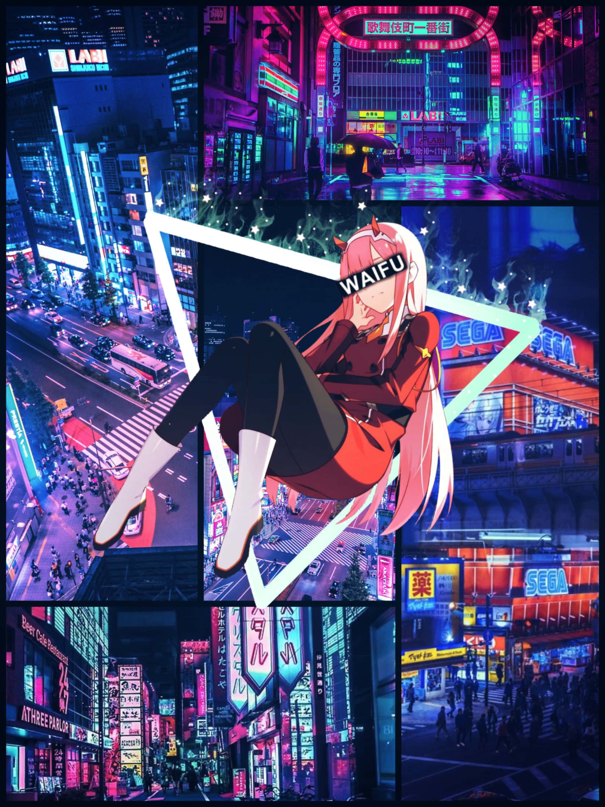零二 桌布 壁紙 — 一個 waifu 動漫女孩在發光的星星中漂浮在夜晚充滿活力的霓虹燈東京街道上。