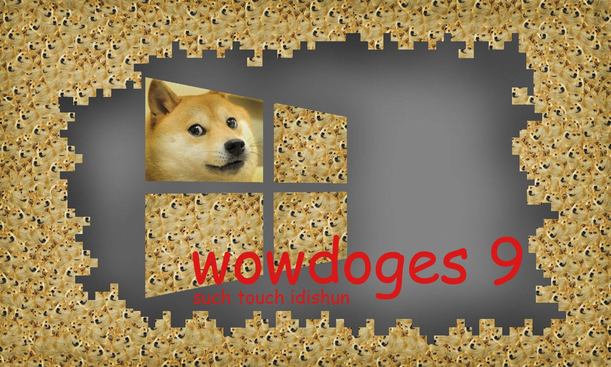 Doge 桌布 壁紙 — 一個 Windows 9 風格的視窗框架，充滿重複的柴犬狗迷因和文字 wowdoggles 9。
