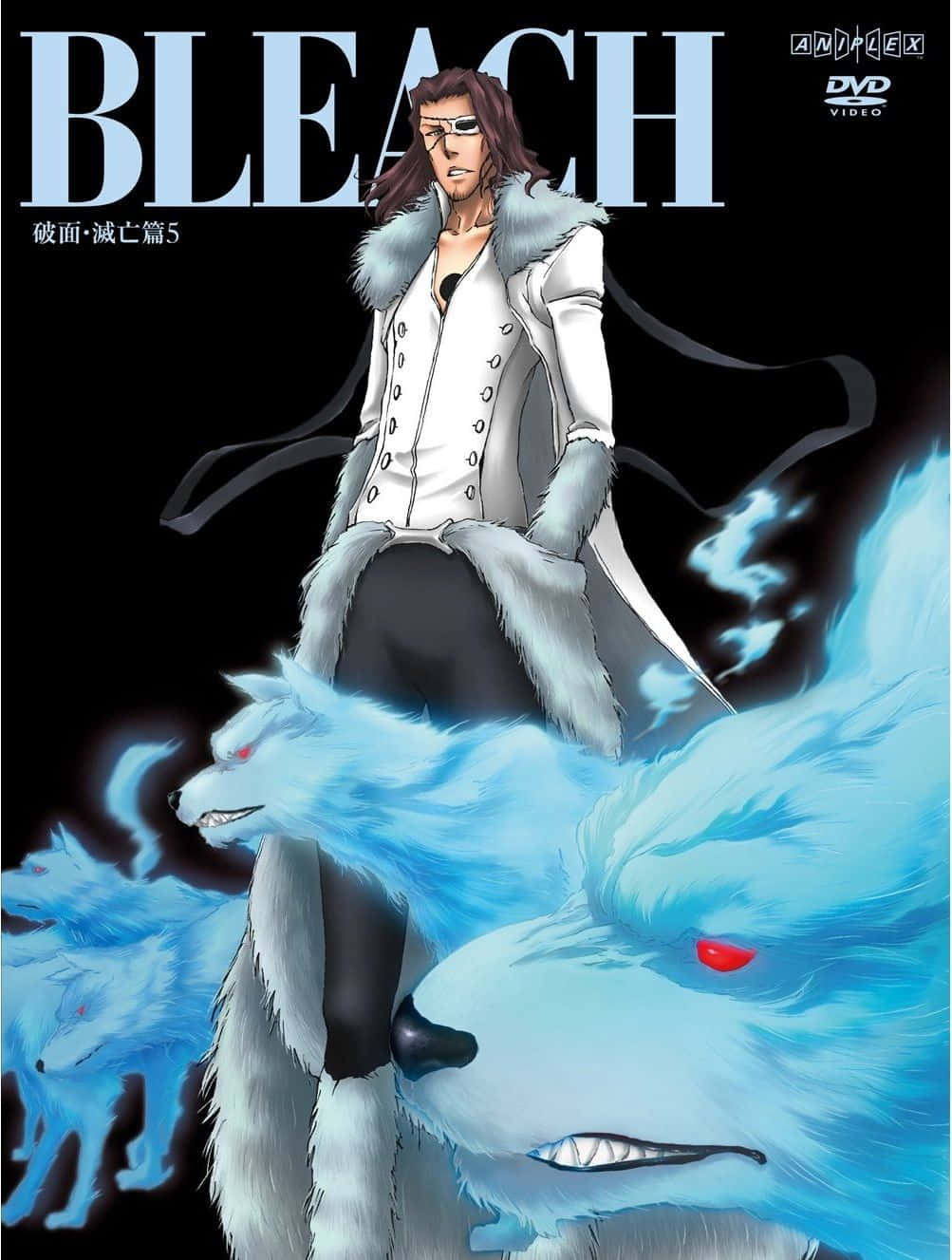 Coyote Starrk 桌布 壁紙 — 一個《死神》動漫角色穿著白色毛皮外套，在黑色背景前與發光的藍色狼靈並立。