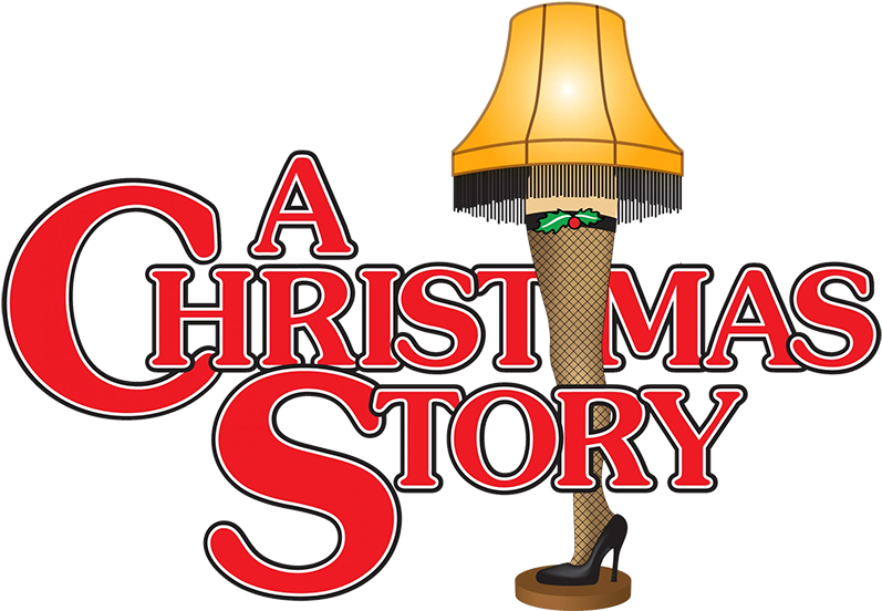 Christmas Clip Art 桌布 壁紙 — 一個《聖誕故事》標誌，以黑色背景襯托一個穿著魚網絲襪並繫上冬青蝴蝶結的桌燈腿。