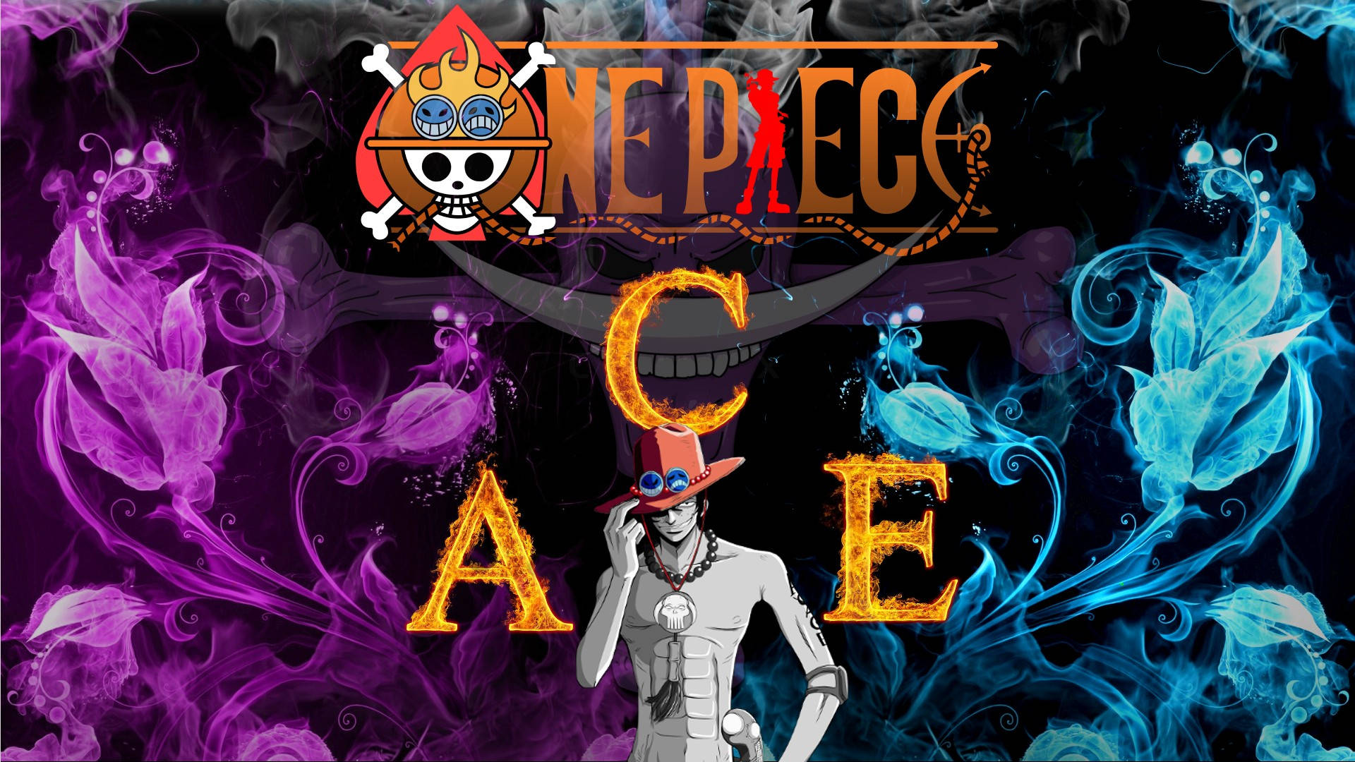 Ace 桌布 壁紙 — 一個《航海王》角色 Ace 站在一個燃燒的 'ACE' 標誌前，背景黑暗，帶有旋轉的紫色和藍色煙霧。
