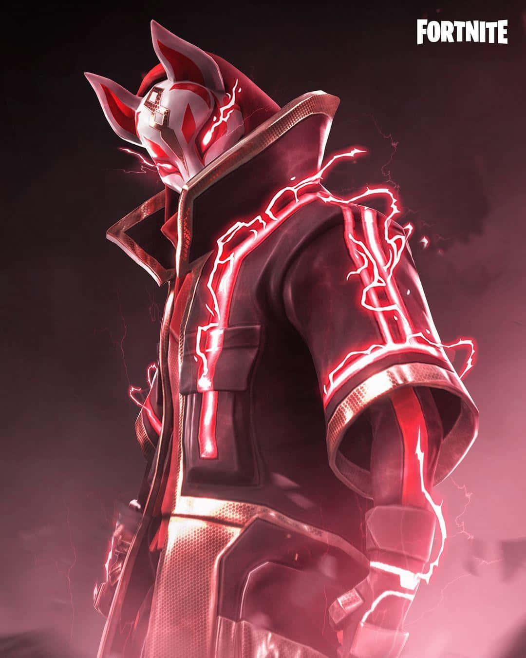 Fortnite Drift 桌布 壁紙 — 一個《要塞英雄》角色，身穿深色裝甲服，肩膀和頭部帶有發光的紅色閃電圖案。