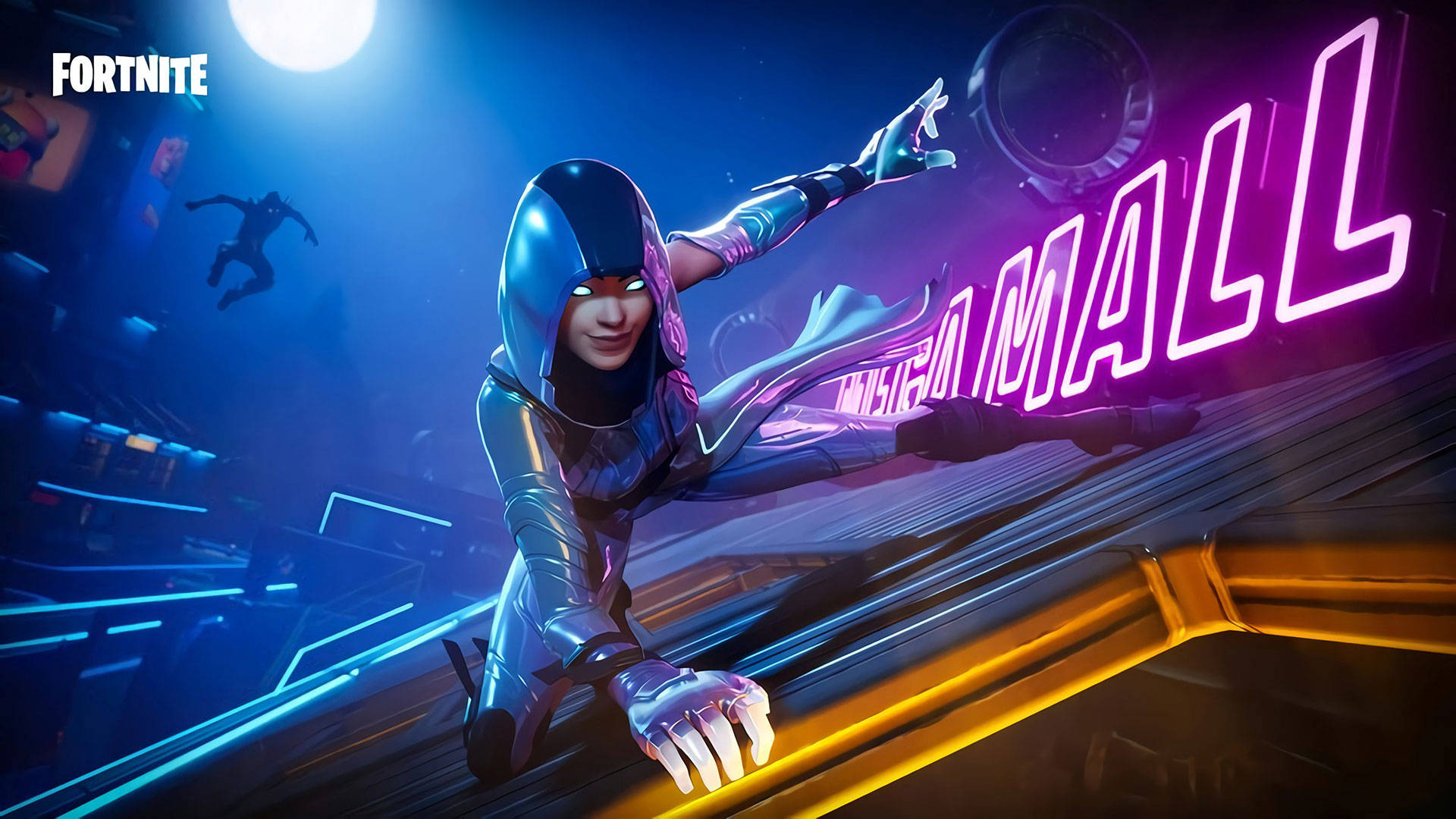 Fortnite 桌布 壁紙 — 一個《要塞英雄》角色穿著時尚的銀色套裝，在發光的月亮和「MALL」標誌下，滑過霓虹燈照亮的屋頂。