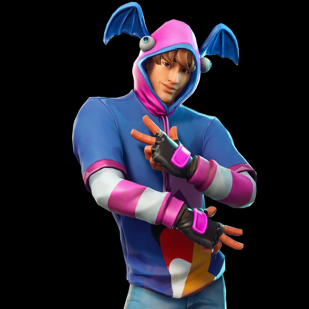 Fortnite Character 桌布 壁紙 — 一個《要塞英雄》角色穿著藍色和粉紅色蝙蝠耳連帽衫，在黑色背景前做出和平手勢。