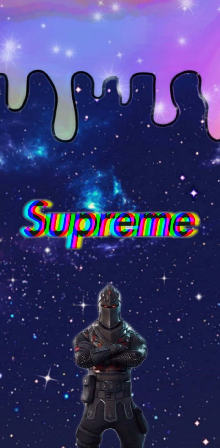 supreme 桌布 壁紙 — 一個《要塞英雄》角色自信地站在滴落的銀河天空下，中央閃耀著彩虹色的「Supreme」標誌。