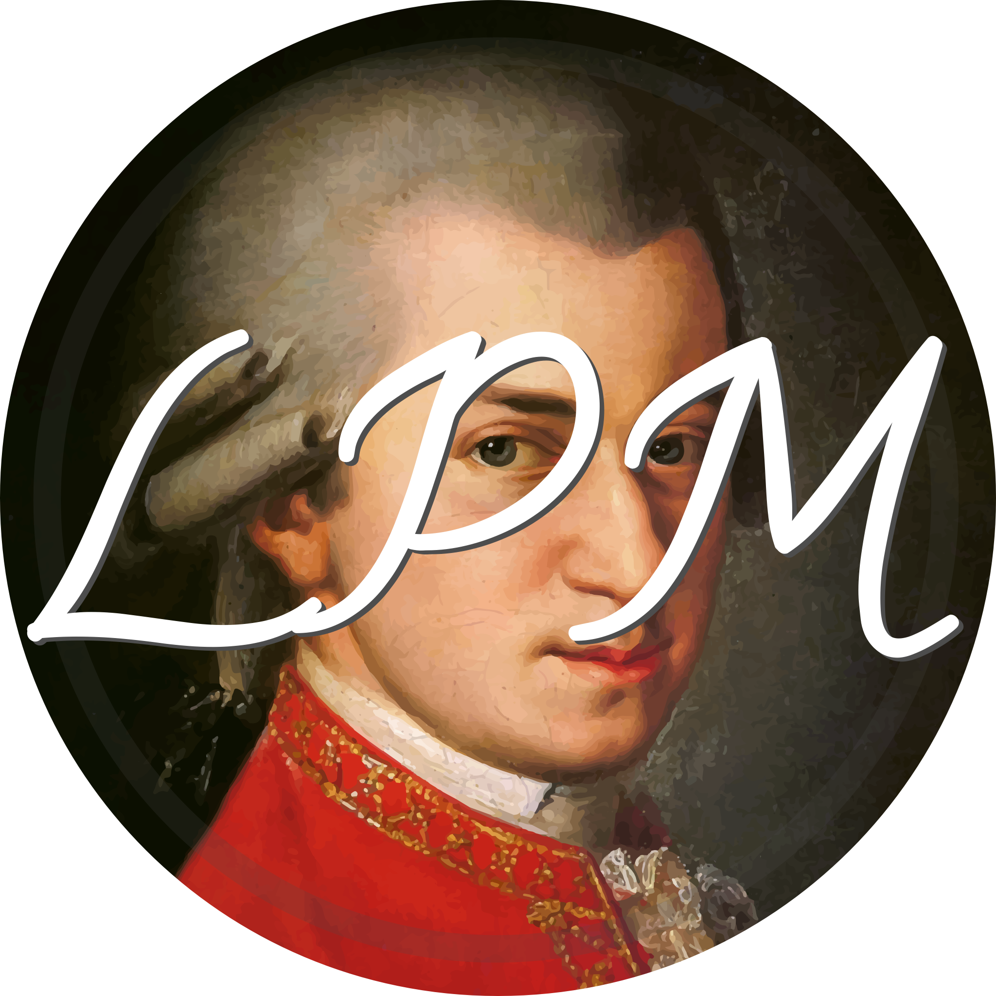 mozart 桌布 壁紙 — 一個18世紀服飾男子的圓形肖像，身穿紅色外套和撲粉假髮，上面覆蓋著白色草書 'LPM' 文字。