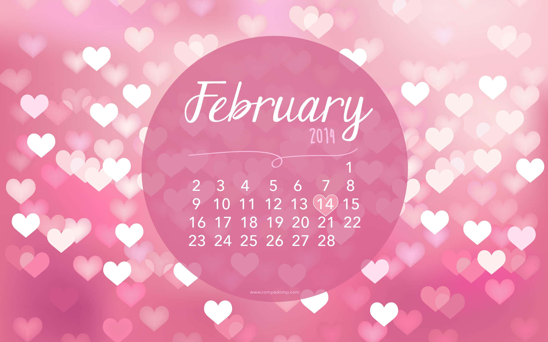 2014年2月日曆，粉紅色背景上有白色心形。 — 二月 GIF 壁紙