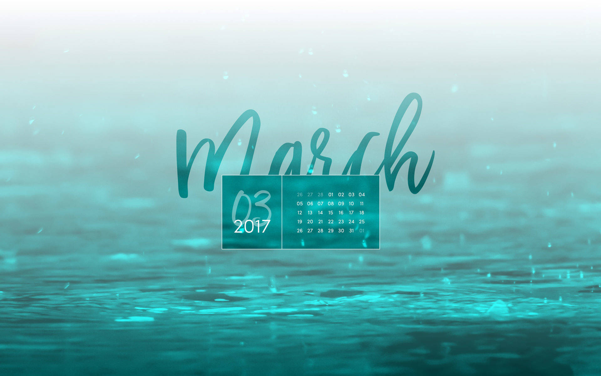 March 桌布 壁紙 — 一個2017年3月的數位日曆漂浮在平靜的藍綠色水面上，帶有輕柔的漣漪和柔和的光線。