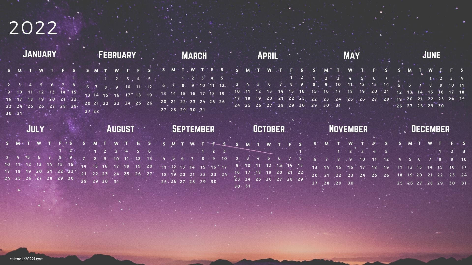 Calendar 桌布 壁紙 — 一個2022年年曆疊加在充滿活力的紫色和粉紅色星空夜空中，帶有山脈輪廓。