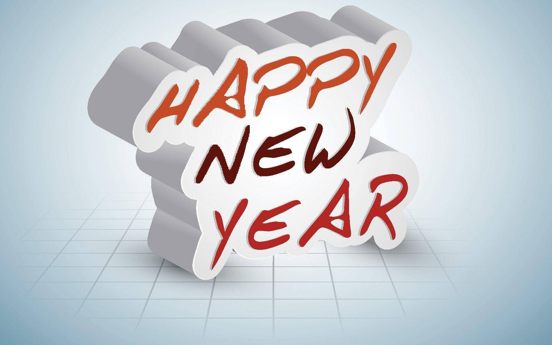 New 桌布 壁紙 — 一個3D 'HAPPY NEW YEAR' 文字圖形，紅色和棕色字母帶有白色輪廓，位於淺藍色網格背景上的灰色圓柱形狀之上。