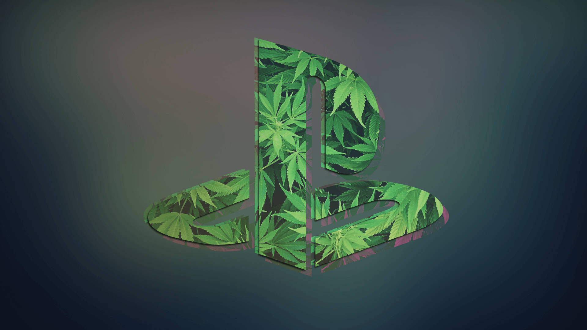 chill stoner 桌布 壁紙 — 一個3D PlayStation標誌，覆蓋著鮮綠色的大麻葉，背景為深色漸變。