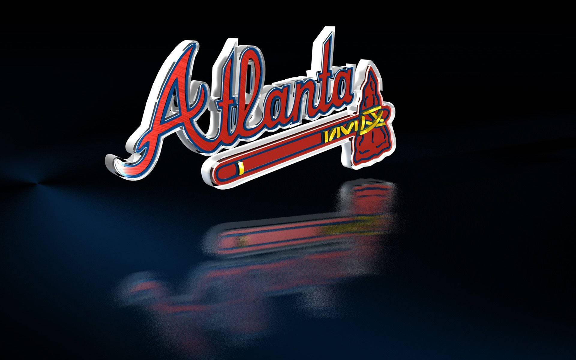 Braves 桌布 壁紙 — 一個3D亞特蘭大勇士隊標誌在深色反光表面上發出紅、白、藍光。