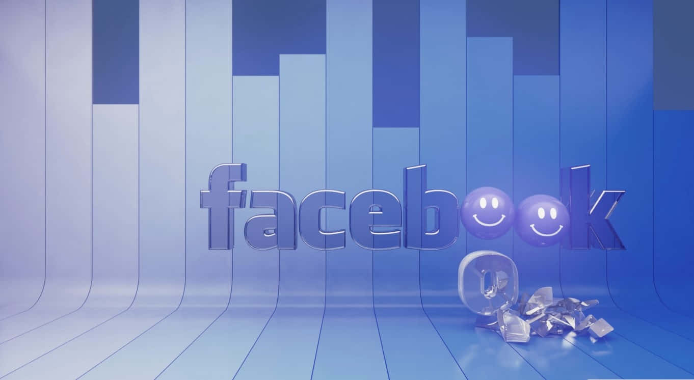 Facebook 桌布 壁紙 — 一個3D渲染的Facebook標誌，帶有微笑圖示和破碎的玻璃碎片，背景為藍色漸層。
