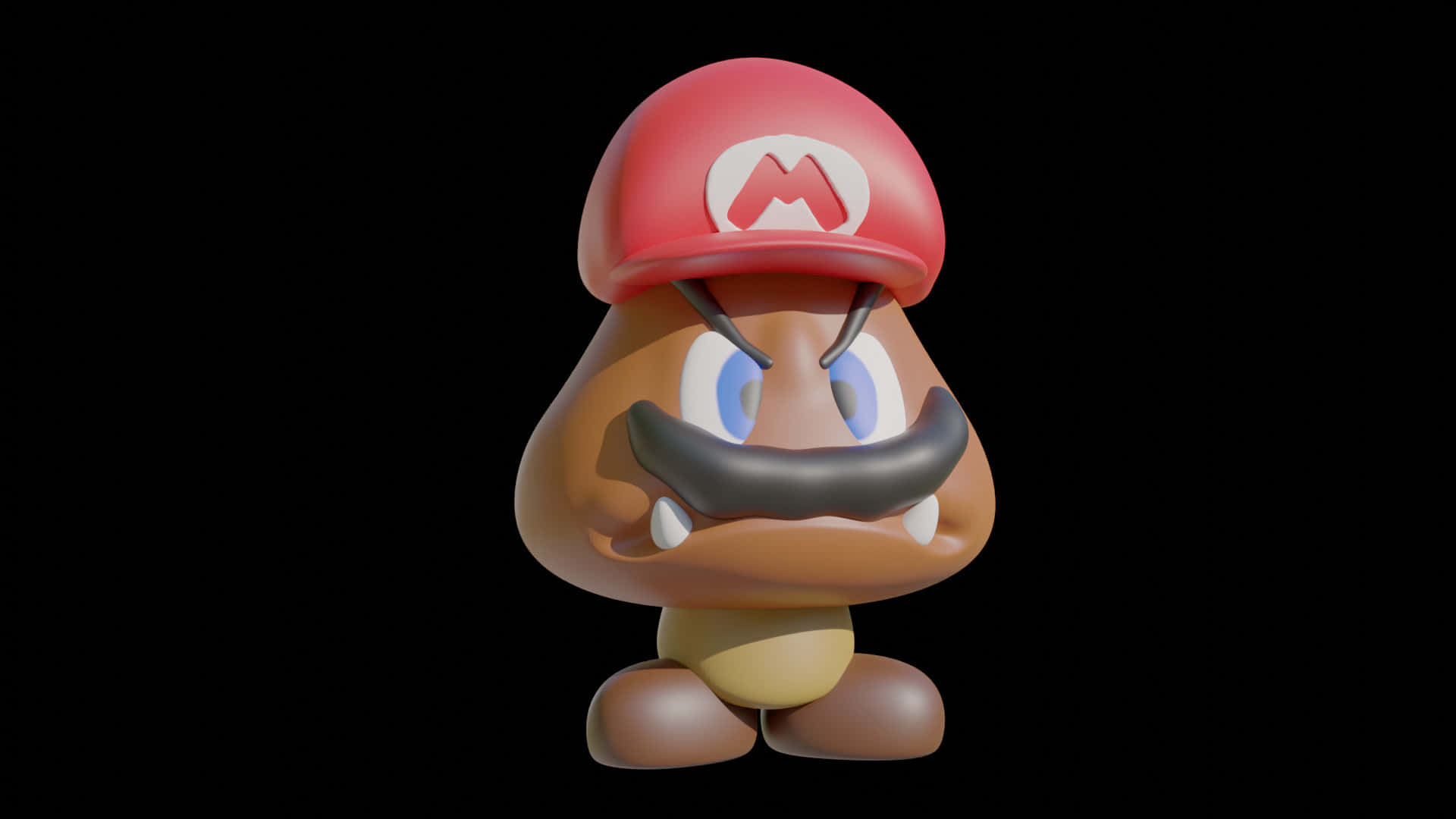 Goomba 桌布 壁紙 — 一個3D渲染的Goomba角色，戴著紅色Mario帽，背景為黑色。