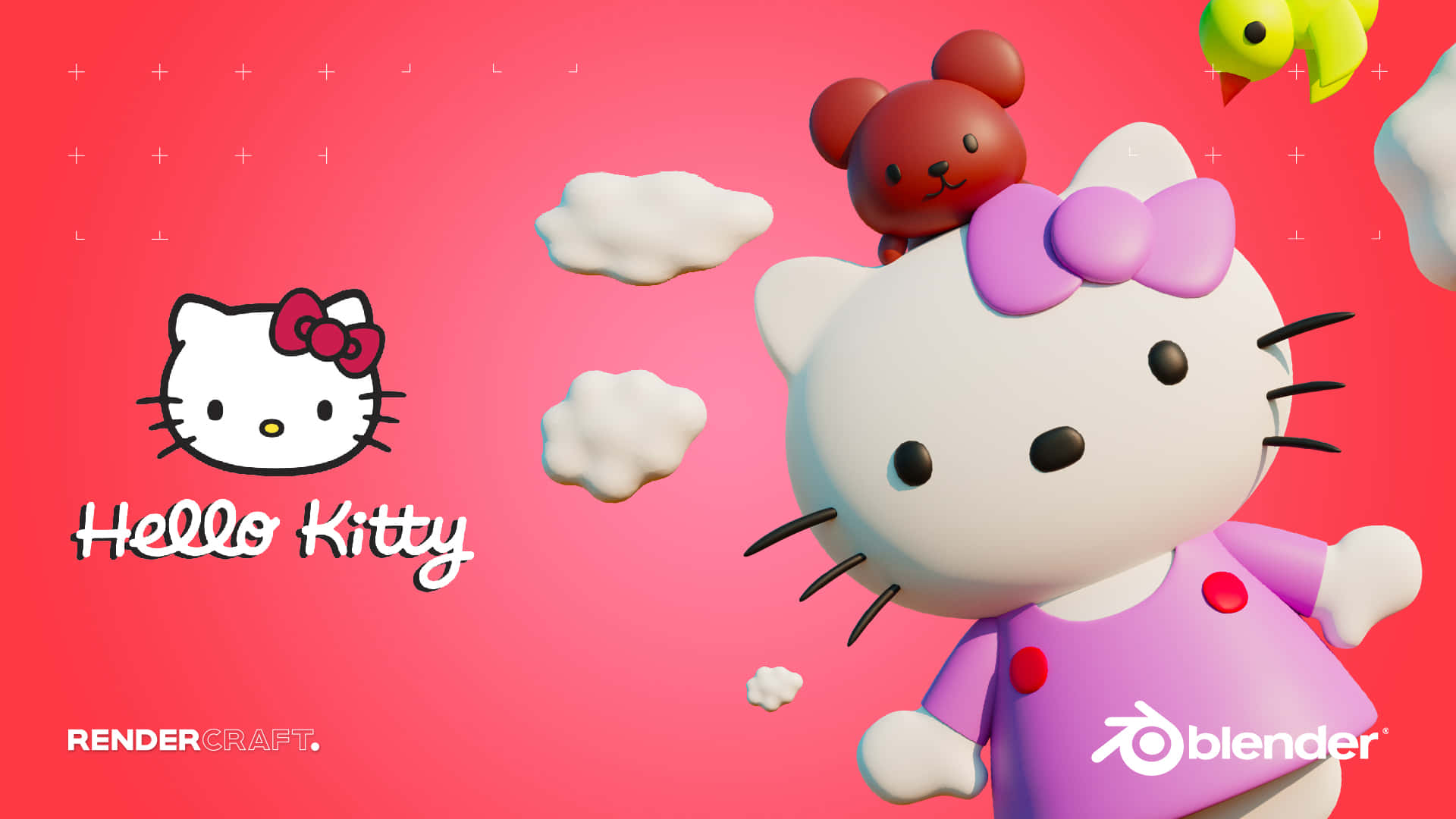 Hello Kitty 桌布 壁紙 — 一個3D渲染的Hello Kitty穿著紫色連衣裙，戴著粉紅色蝴蝶結，站在充滿活力的粉紅色背景前，背景中有漂浮的雲朵和一隻小熊。