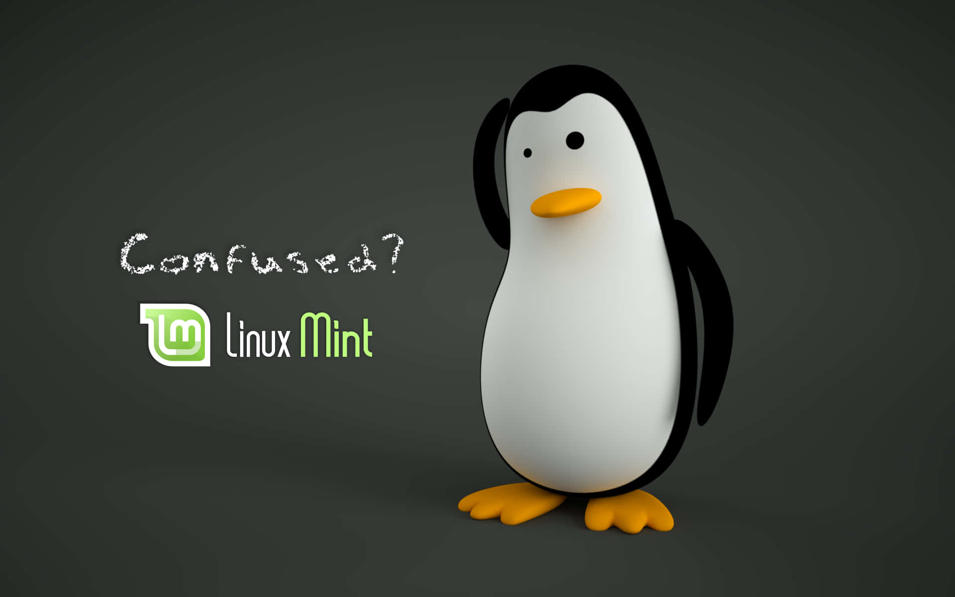 Linux 桌布 壁紙 — 一個3D渲染的Linux Mint企鵝吉祥物站在文字Confused?旁邊，背景為深灰色。