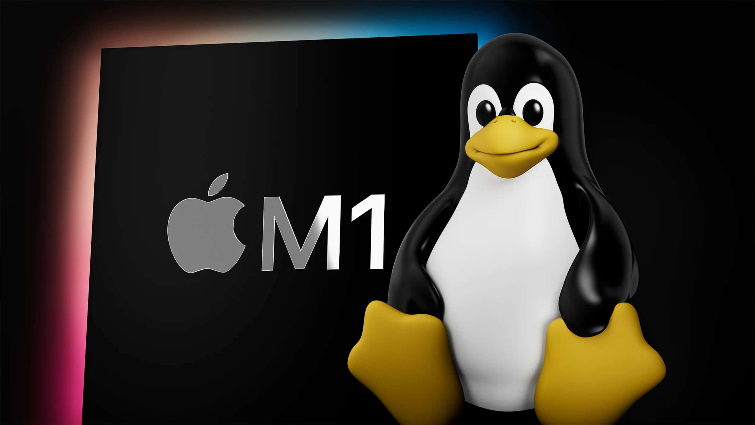 Linux 桌布 壁紙 — 一個3D渲染的Linux企鵝吉祥物站在Apple M1晶片標誌旁邊，背景為深色漸變。