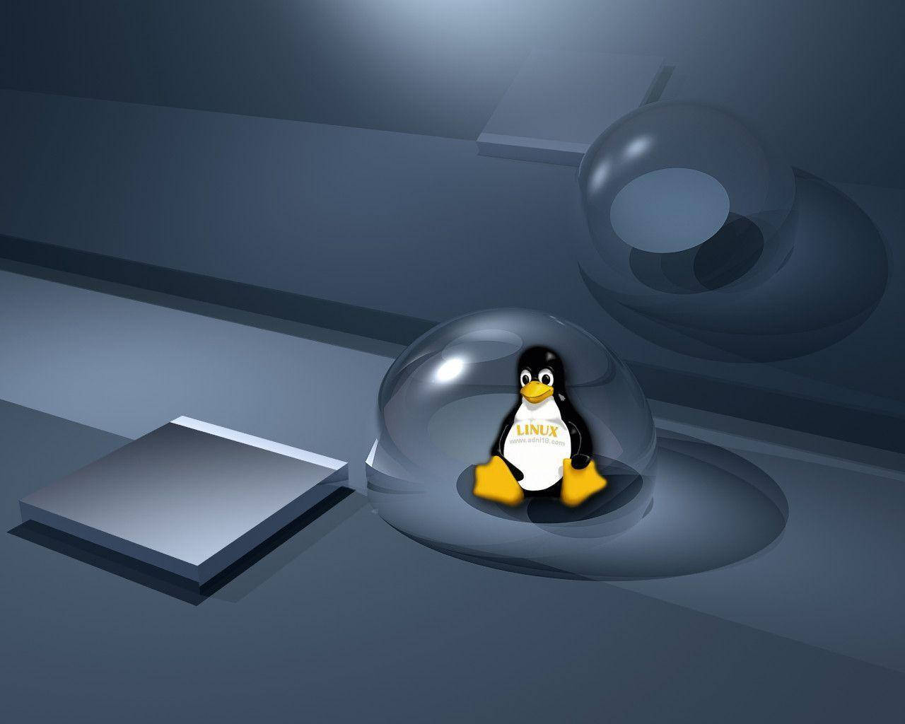 桌面 桌布 壁紙 — 一個3D渲染的Linux企鵝吉祥物坐在透明圓頂內，置於時尚金屬平台上，在冷藍色燈光下。