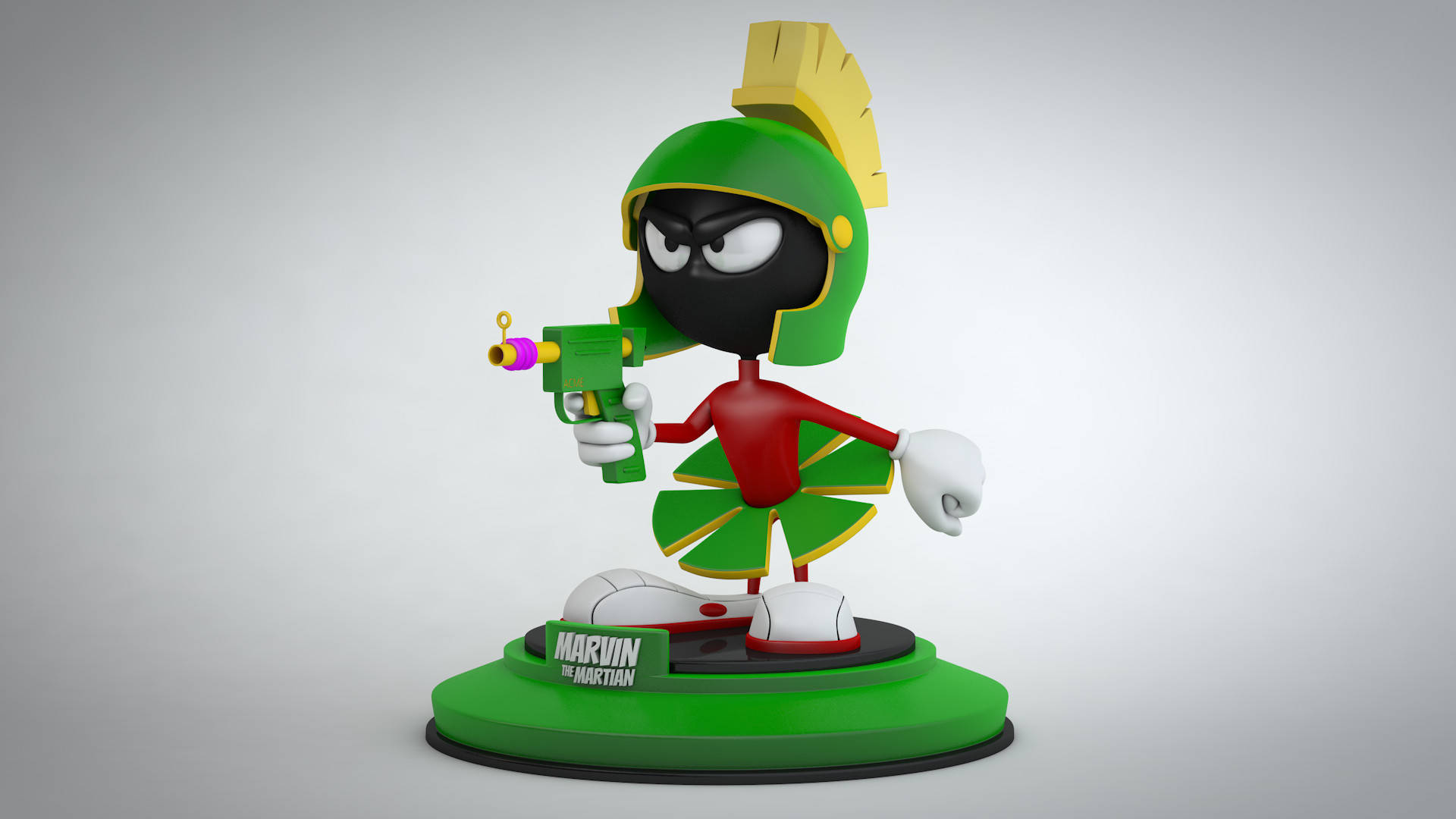Marvin The Martian 桌布 壁紙 — 一個3D渲染的Marvin the Martian公仔，戴綠色頭盔，穿紅色套裝，在綠色底座上拿著雷射槍。