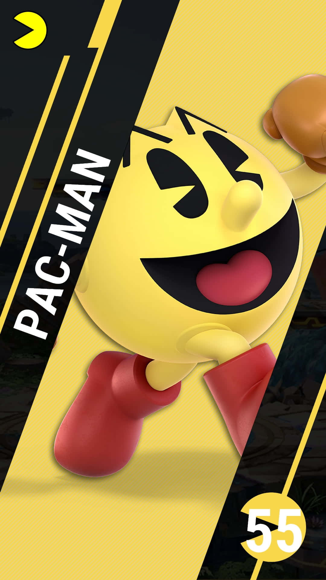 Pacman 桌布 壁紙 — 一個3D渲染的Pac-Man角色，穿著紅色靴子，舌頭呈心形，在黃色和黑色對角線背景上微笑。