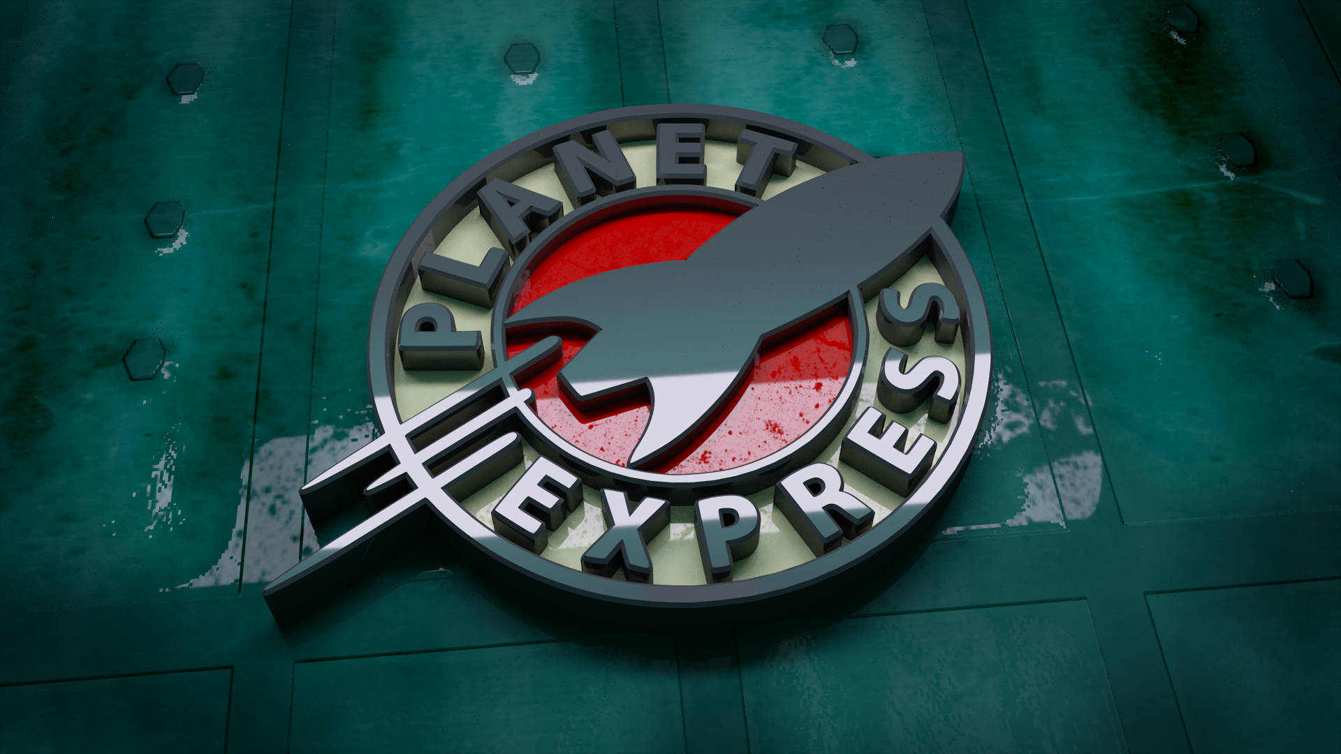 Futurama 桌布 壁紙 — 一個3D渲染的Planet Express標誌，帶有火箭船，紅色背景，安裝在風化的青綠色牆上。