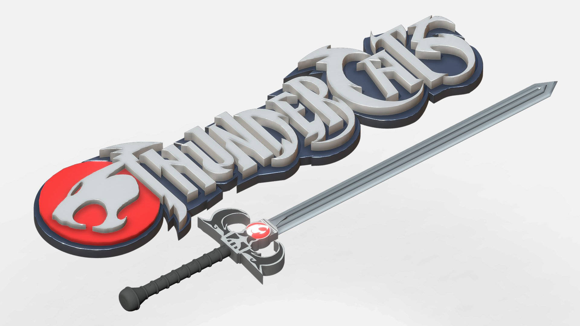 Thundercats 桌布 壁紙 — 一個3D渲染的ThunderCats標誌，配有一把劍，劍上帶有標誌性的獅子頭徽章，背景為純白色。