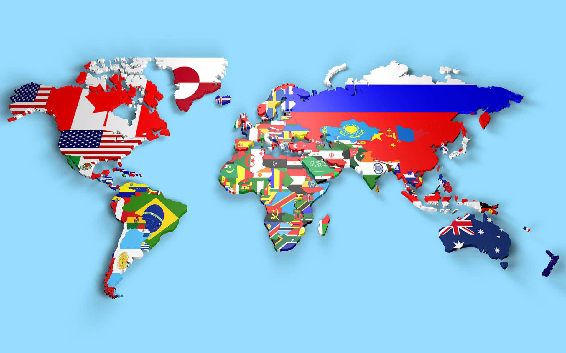 World Map Aesthetic 桌布 壁紙 — 一個3D渲染的世界地圖，每個國家都以其國旗填充，背景為柔和的藍色。