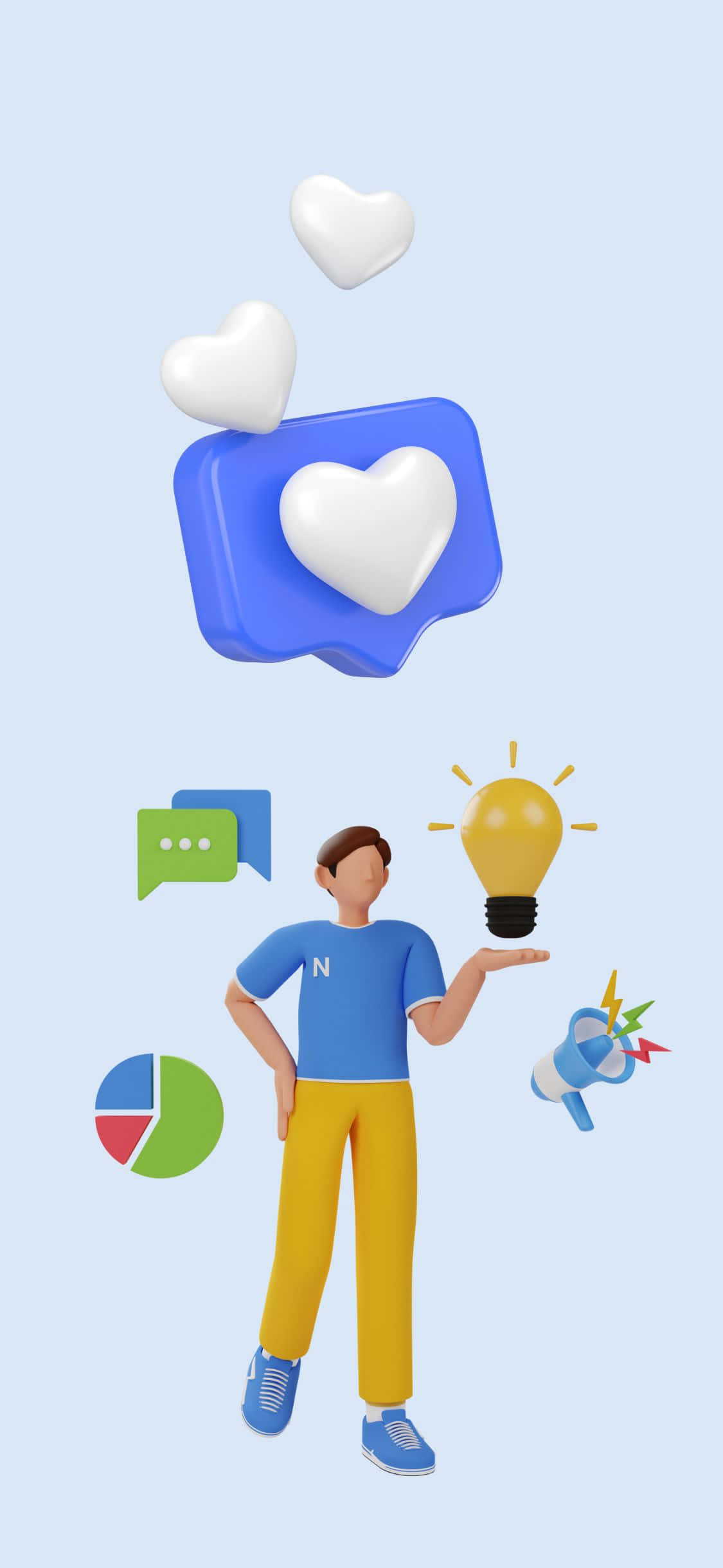 iPhone X Social 桌布 壁紙 — 一個3D渲染的人物，身穿藍色襯衫和黃色褲子，手持一個發光的燈泡，周圍漂浮著心形和擴音器等圖標。