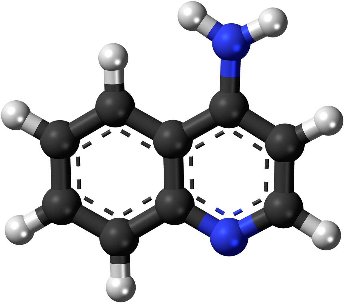 化學 桌布 壁紙 — 一個3D渲染的分子結構，包含黑色碳原子、藍色氮原子和白色氫原子，由化學鍵連接，背景為黑色。