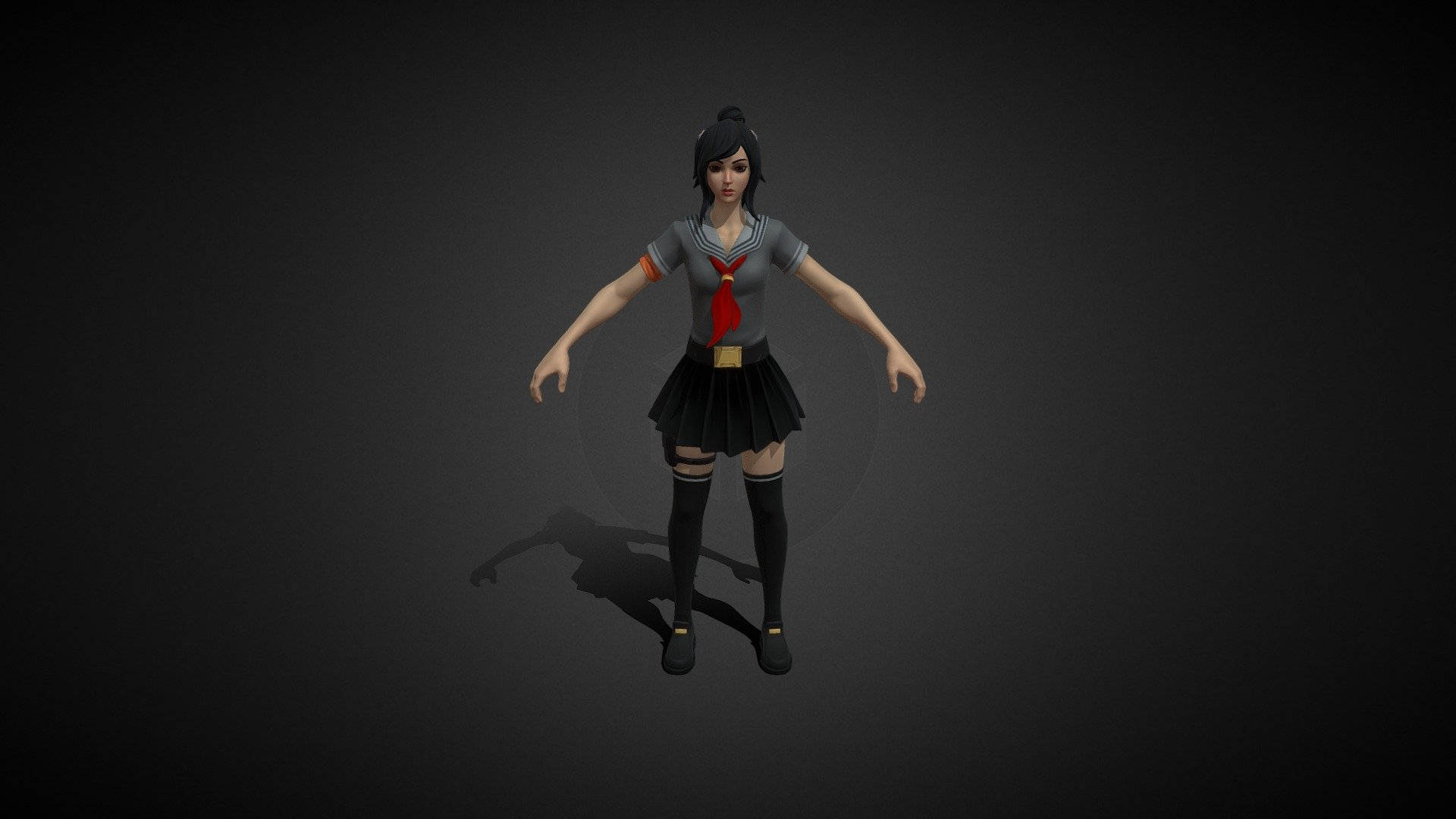 動漫女孩穿著校服，配紅色領帶和黑色裙子，站在深色背景前 — Tsum tsum 壁紙