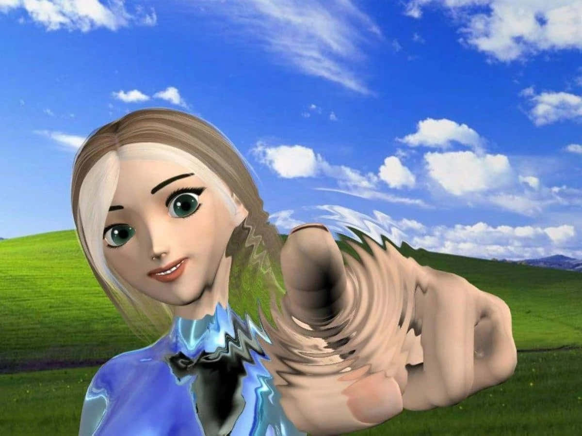 動畫 桌布 壁紙 — 一個3D渲染的動漫女孩，金髮藍眼，在明亮的藍天和綠丘前指向前方。