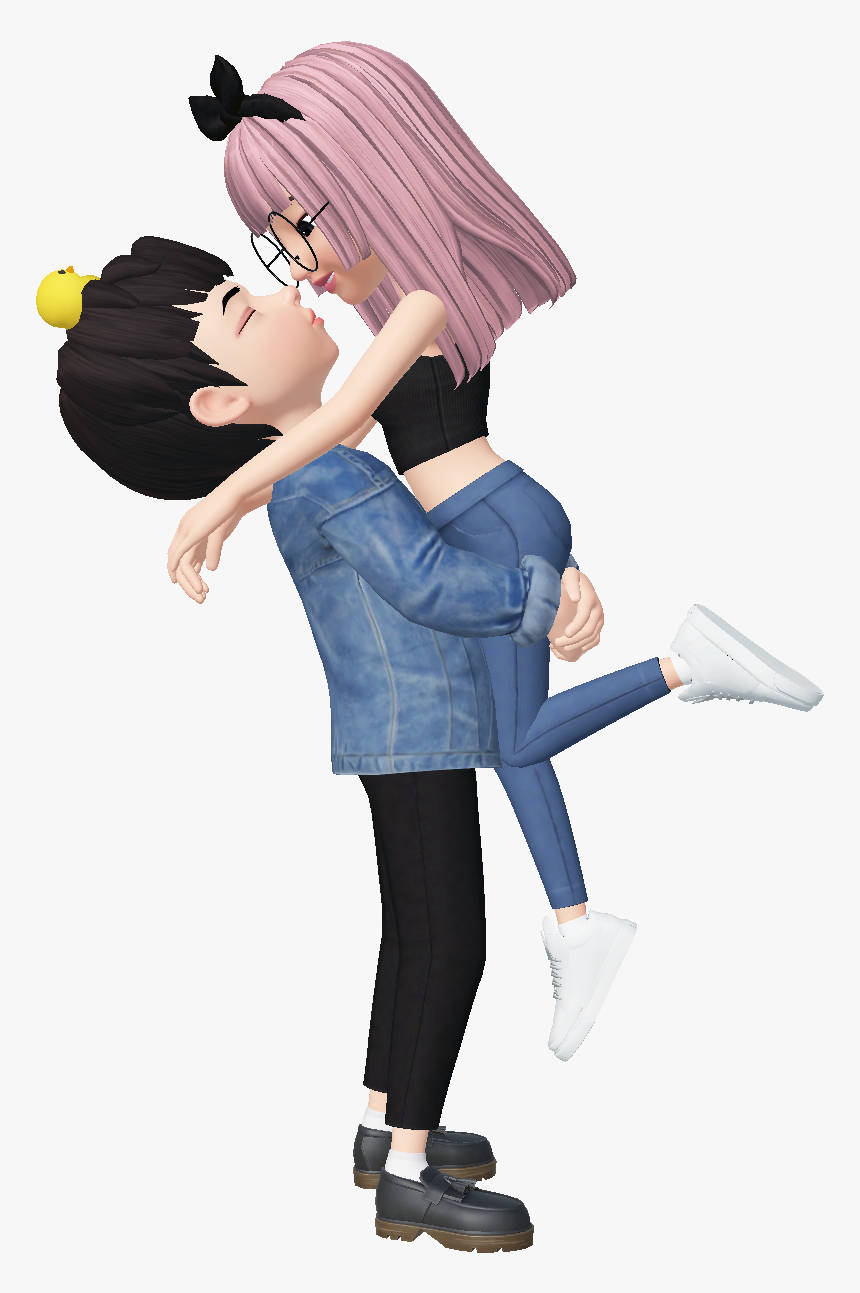 Couple 桌布 壁紙 — 一個3D渲染的動漫情侶分享一個溫柔的吻，粉紅色頭髮和眼鏡的女孩被頭上有黃色鴨子的男孩舉起。