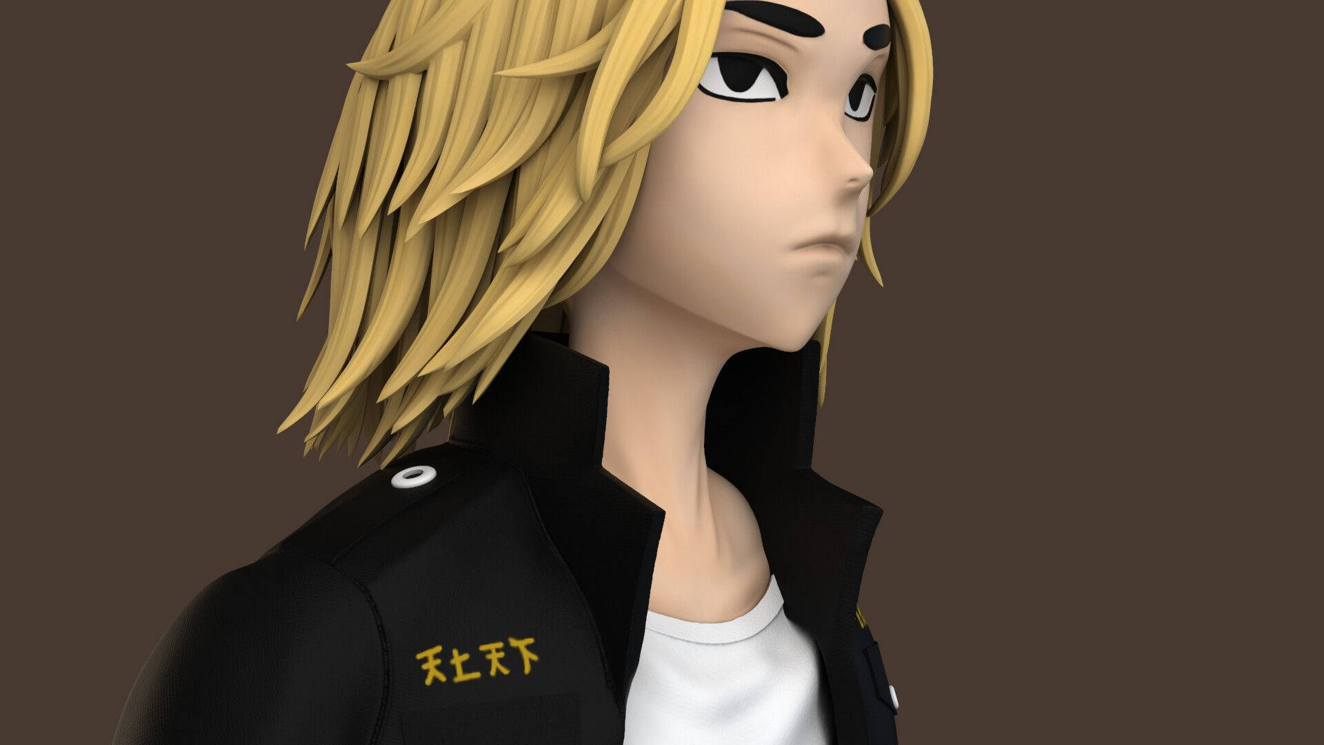 mikey 桌布 壁紙 — 一個3D渲染的動漫角色，擁有尖刺金髮和一件帶有黃色漢字文字的黑色外套。