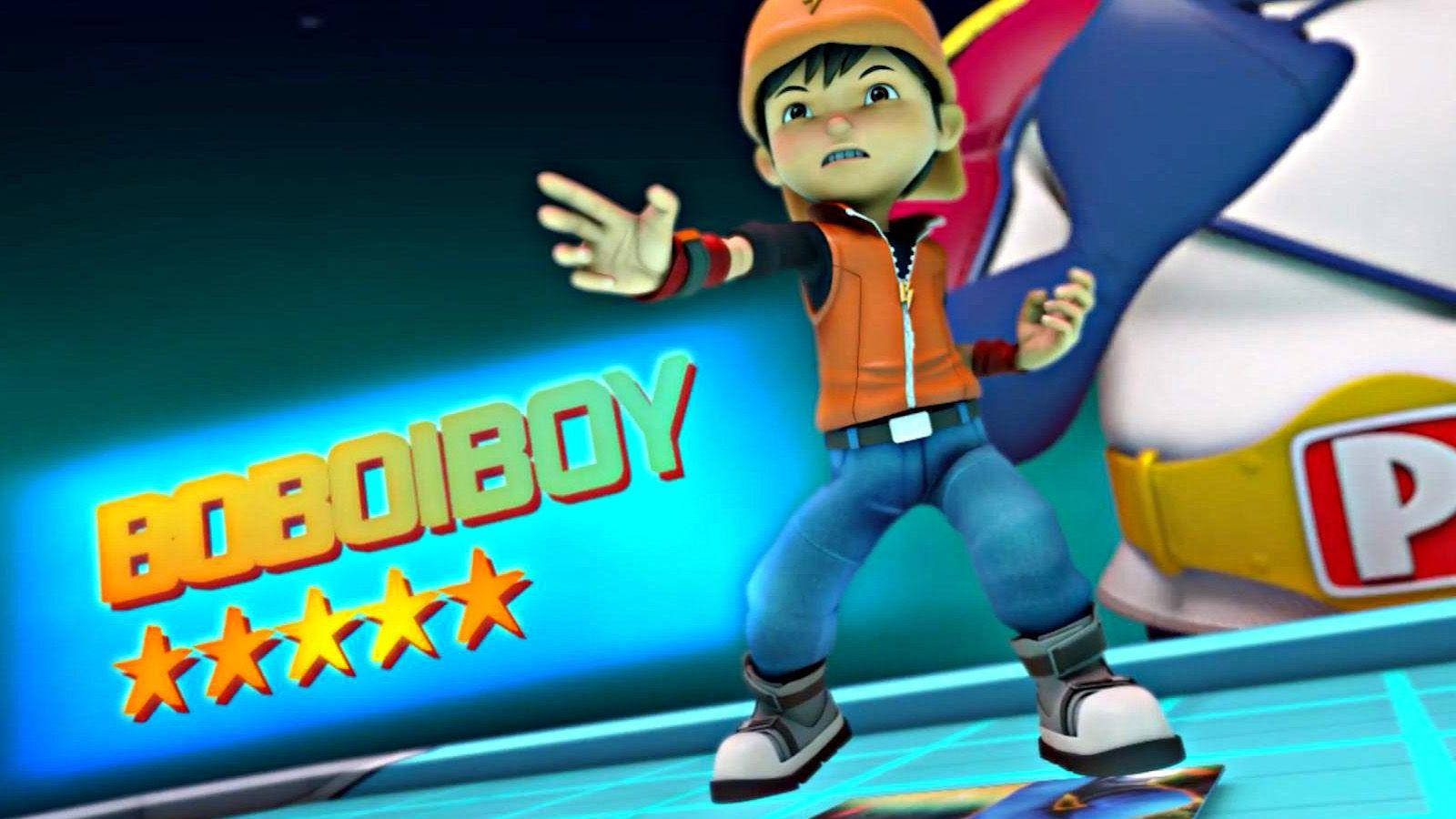 Cartoon Boy 桌布 壁紙 — 一個3D渲染的動畫男孩，穿著橙色背心和帽子，動態地站在發光的藍色平台上，身後有'BOBOIBOY'標誌和星星。
