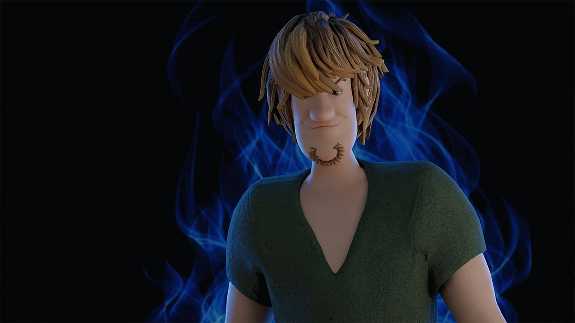 Shaggy 桌布 壁紙 — 一個3D渲染的動畫角色，有著凌亂的棕色頭髮和山羊鬍，站在黑色背景前，背景有旋轉的藍色能量。