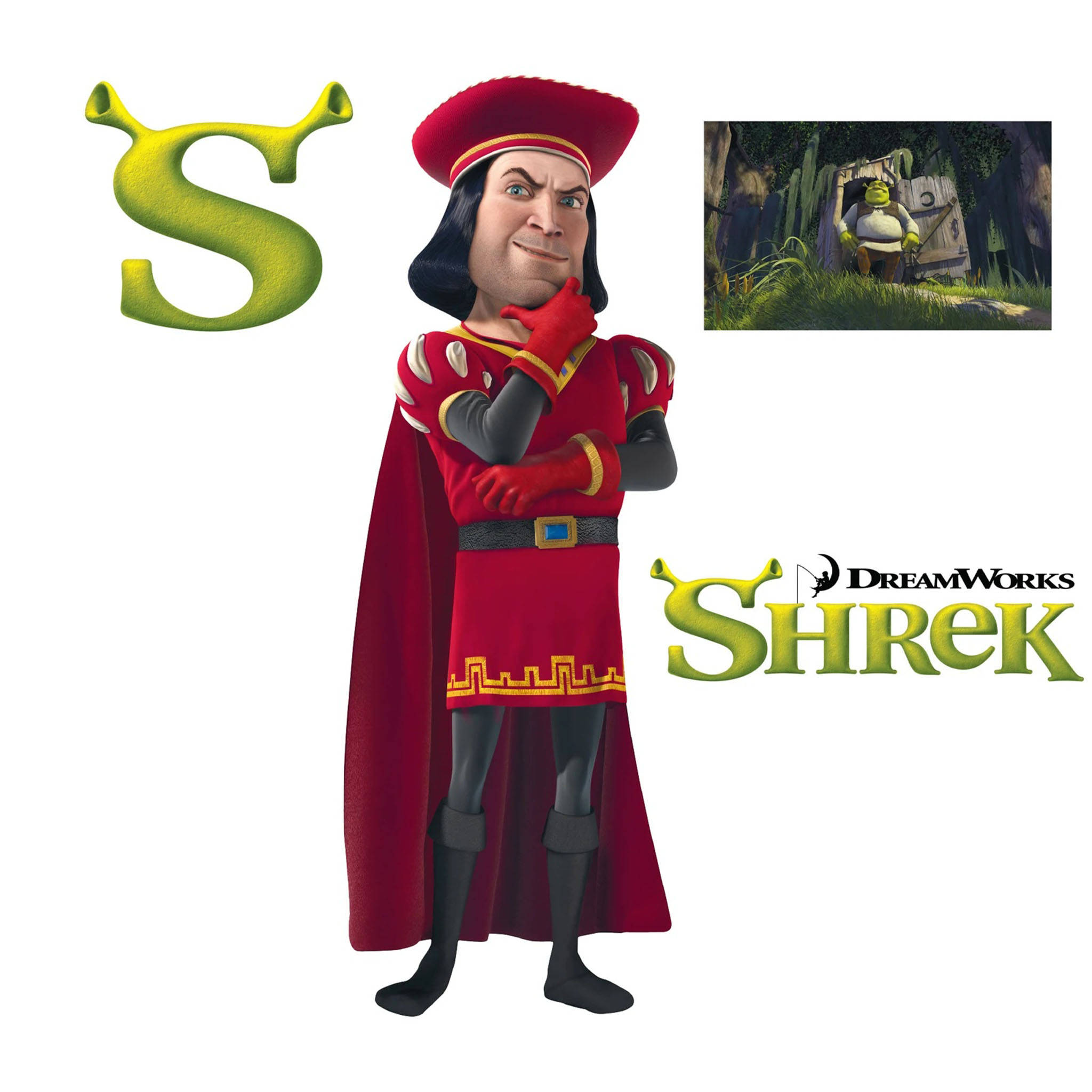 Lord Farquaad 桌布 壁紙 — 一個3D渲染的卡通國王，身穿紅色皇家服飾，帶有綠色「S」標誌和史瑞克電影品牌。