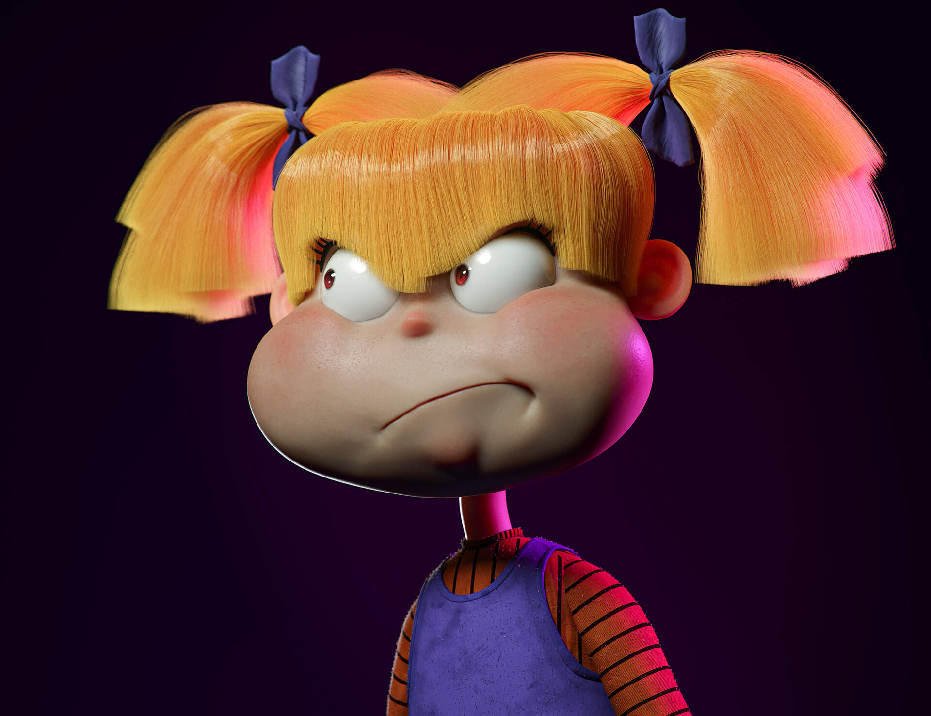 angelica pickles 桌布 壁紙 — 一個3D渲染的卡通女孩，有橙色辮子和憤怒的眼睛，在深紫色背景下強烈地凝視。