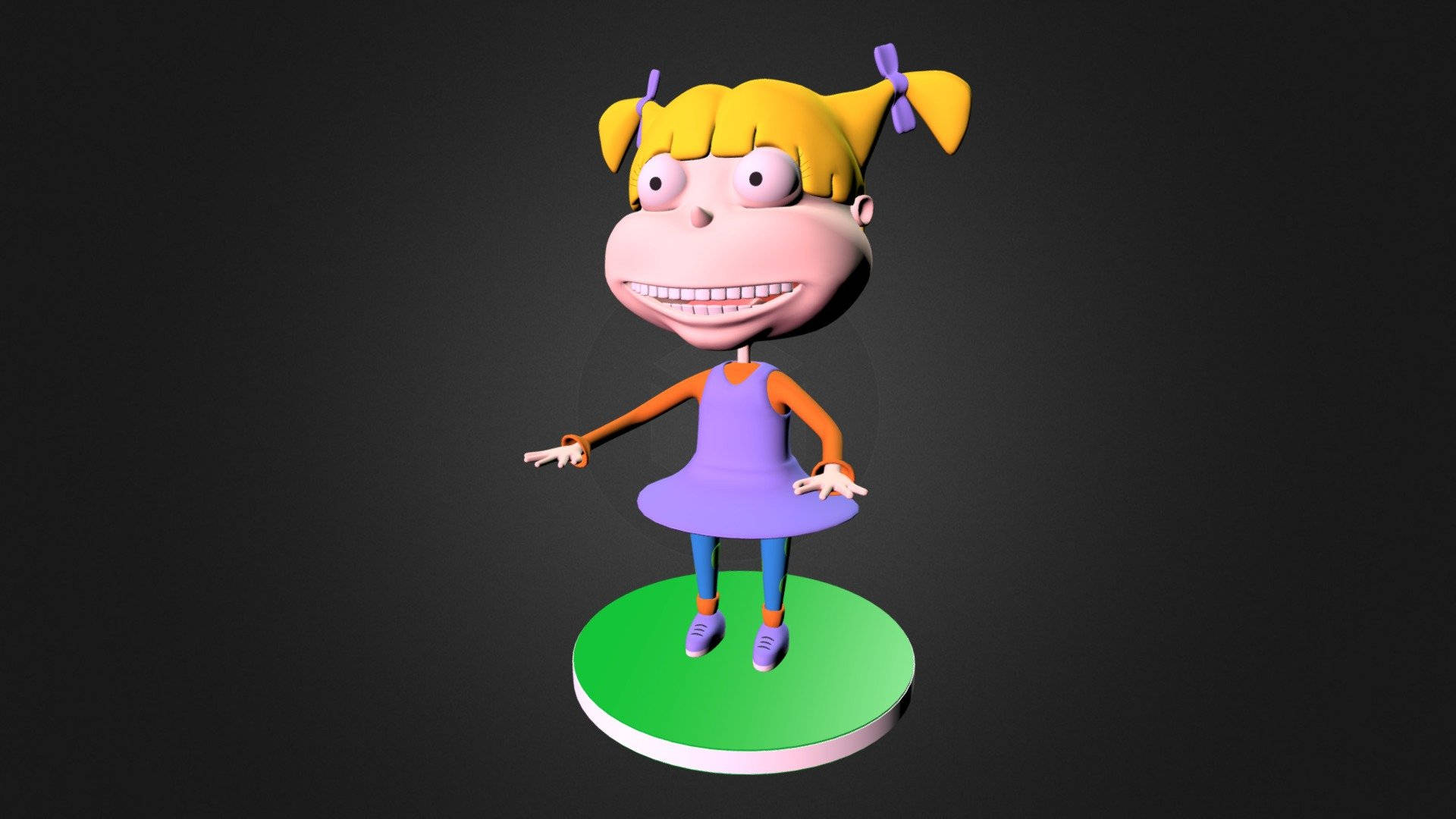 angelica pickles 桌布 壁紙 — 一個3D渲染的卡通女孩，有黃色辮子和紫色連衣裙，站在綠色底座上，背景為深色。