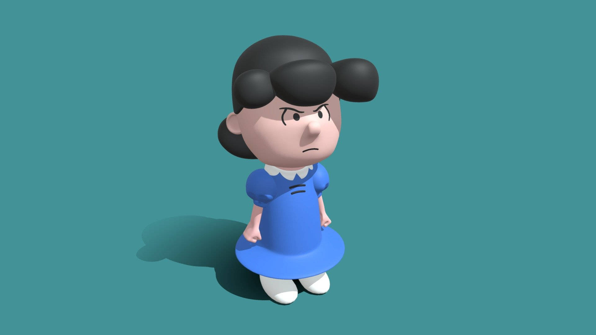 lucy 桌布 壁紙 — 一個3D渲染的卡通女孩，黑色辮子和藍色連衣裙，站在青綠色背景前，表情皺眉。