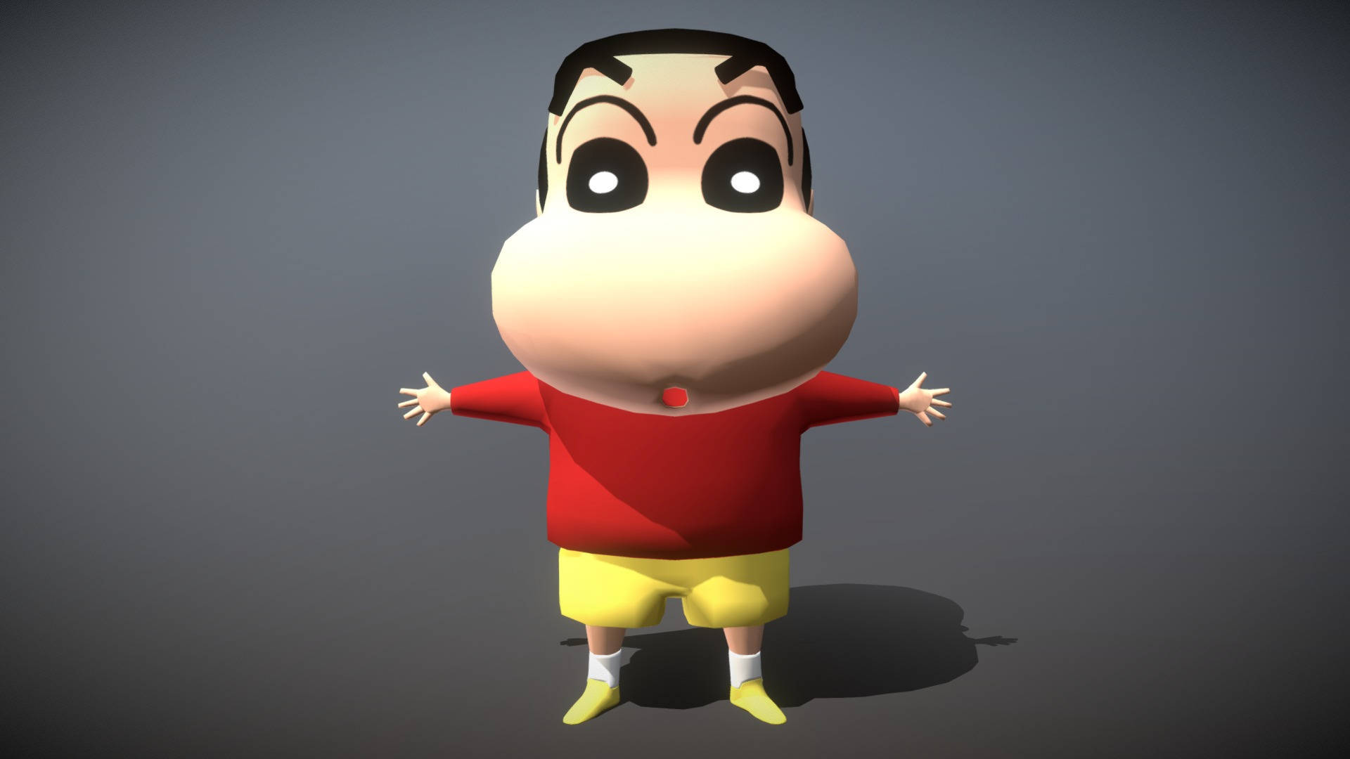 Shin Chan 桌布 壁紙 — 一個3D渲染的卡通男孩，圓臉，紅衫，黃色短褲，雙臂張開，站在純灰色背景前。