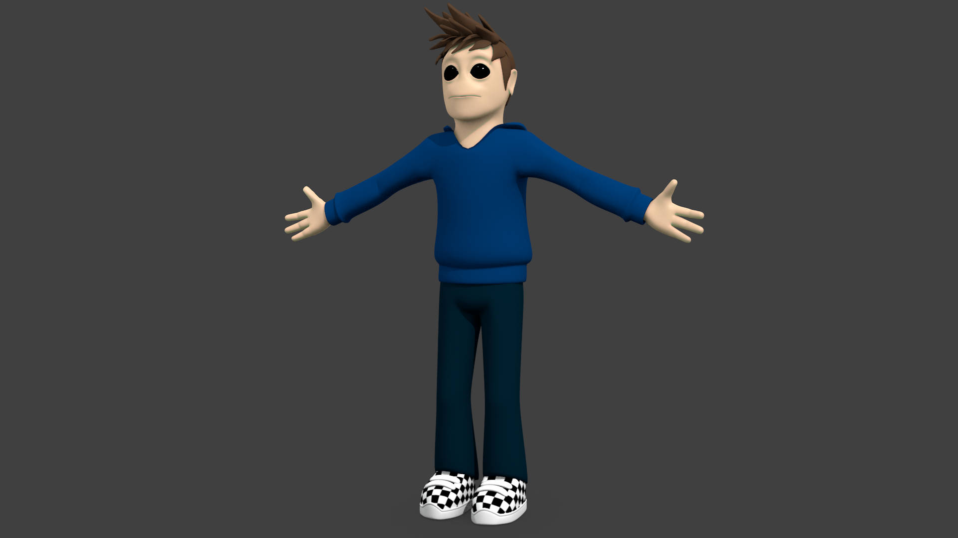 Eddsworld 桌布 壁紙 — 一個3D渲染的卡通男孩，穿著藍色連帽衫和格紋鞋，在純灰色背景前張開雙臂站立。