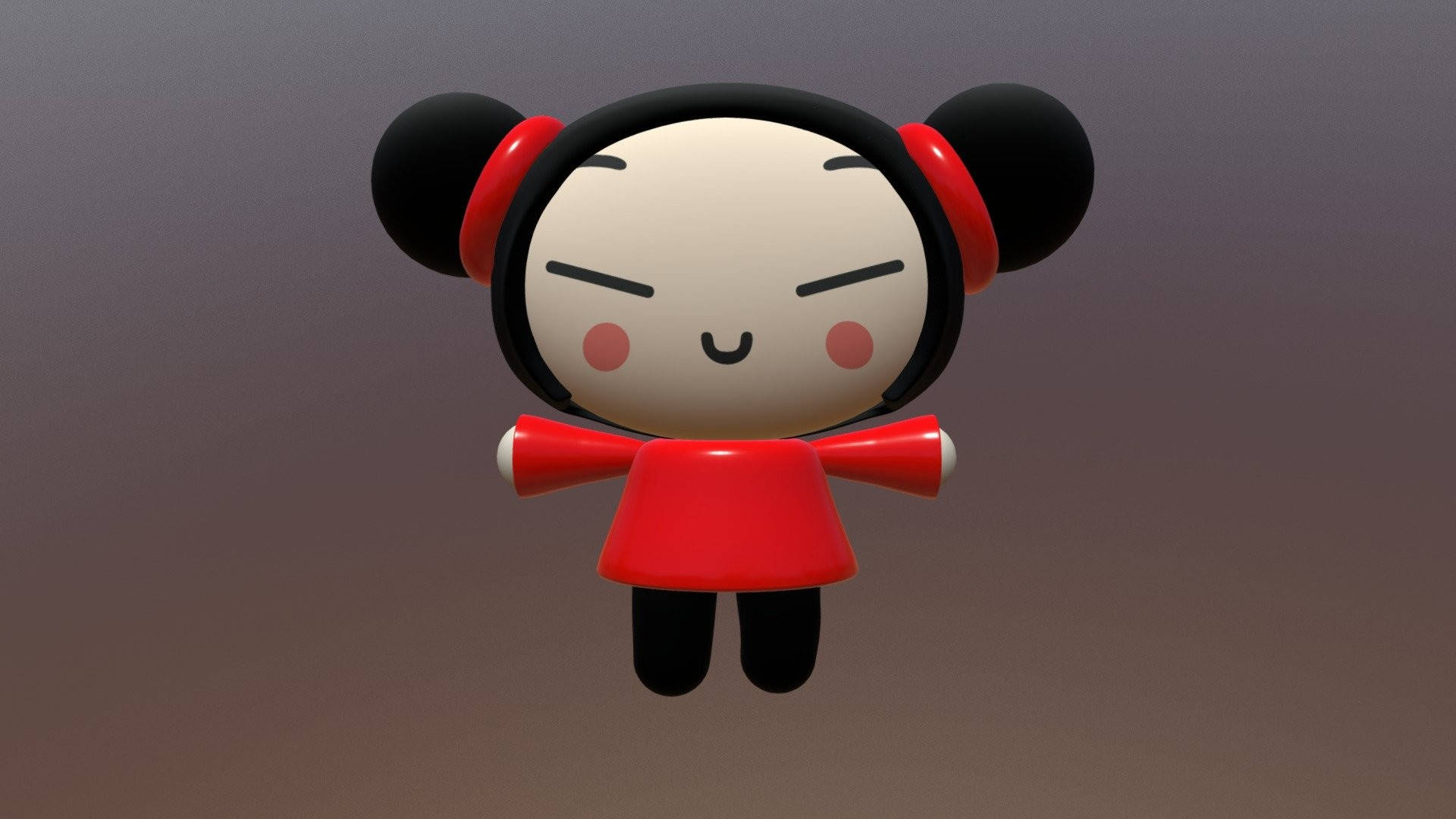 Pucca 桌布 壁紙 — 一個3D渲染的卡通角色，黑色辮子、紅色連衣裙，帶著自鳴得意的表情，漂浮在漸變灰色背景上。