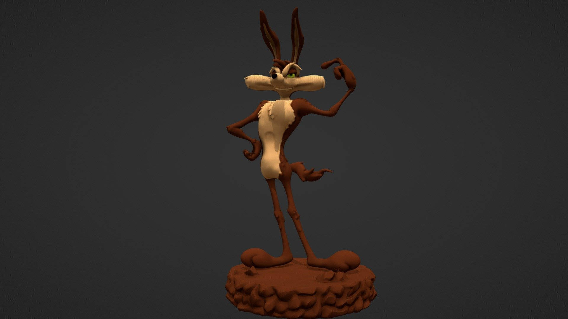 Coyote 桌布 壁紙 — 一個3D渲染的卡通角色Wile E. Coyote雕像，自信地站在岩石底座上，背景為深灰色。