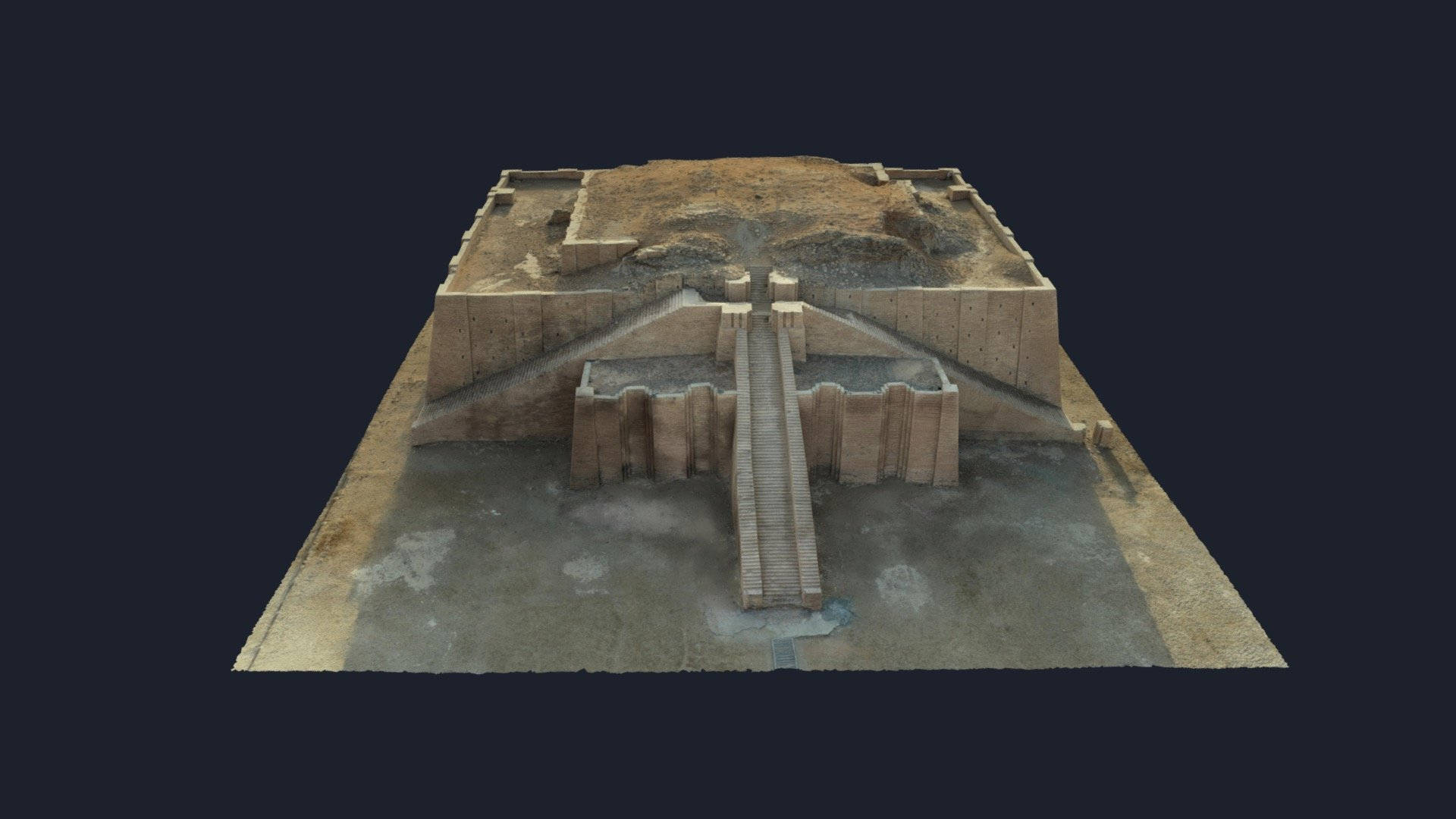 鄉村 桌布 壁紙 — 一個3D渲染的古代金字形神塔模型，有階梯式平台和中央樓梯，背景為深色。