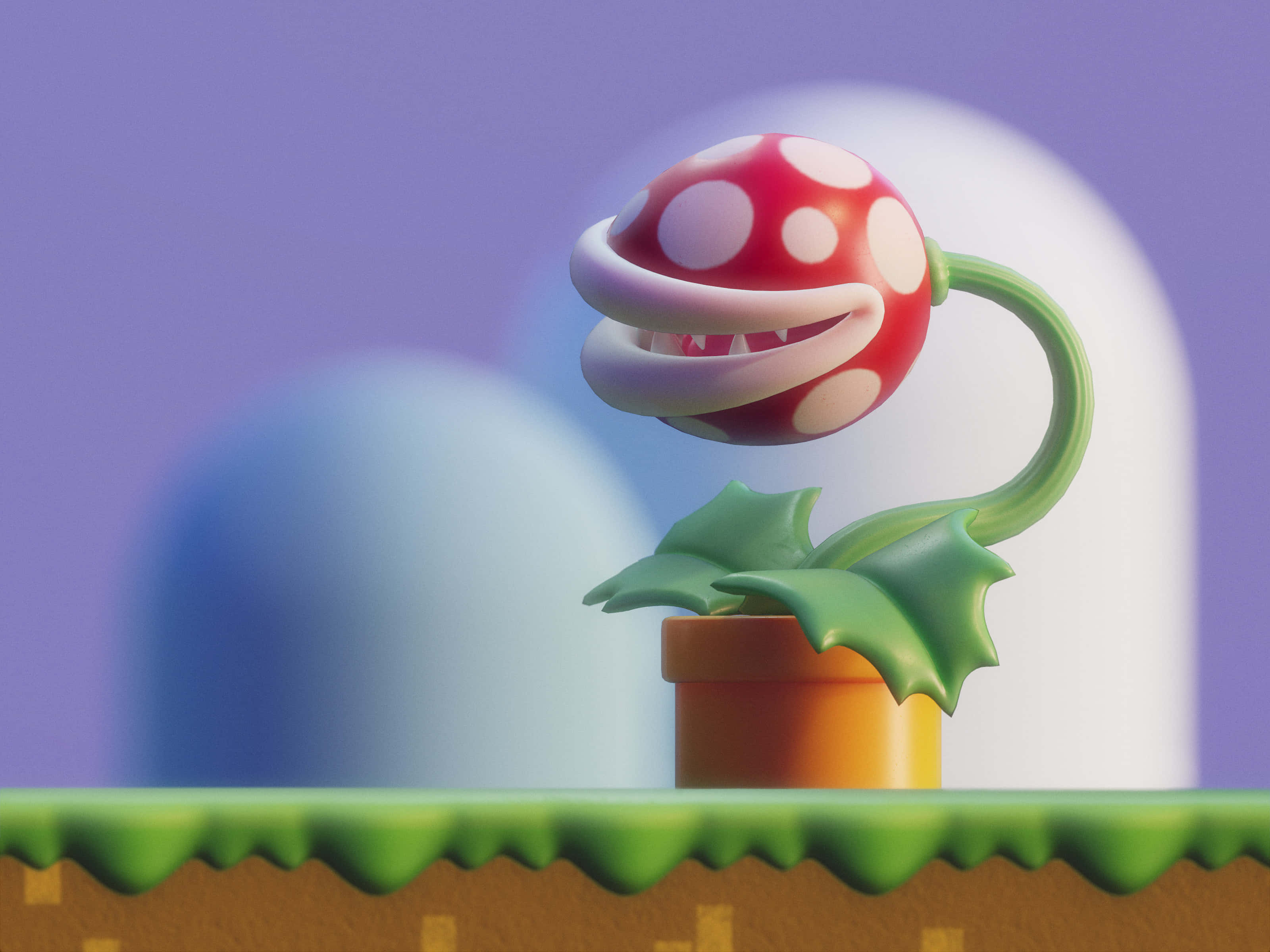 piranha plant 桌布 壁紙 — 一個3D渲染的吞食花，帶有紅色斑點頭部和鋒利牙齒，從綠色平台上的陶土花盆中冒出，背景是柔和的紫色。