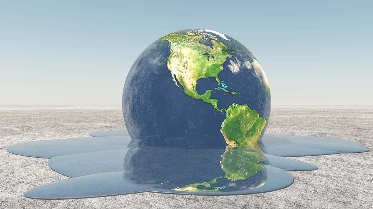 地球 桌布 壁紙 — 一個3D渲染的地球儀像蠟一樣在晴朗天空下的荒蕪平原上融化。